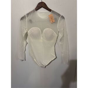 Brand New Popilush Women's Small White Mesh Sheer Long Sleeve Bodysuit Shapewear